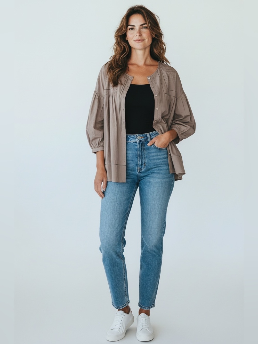 Max Sport 3/4 Sleeve Taupe Boho Style Women’s Button Up Top Size Large NWT